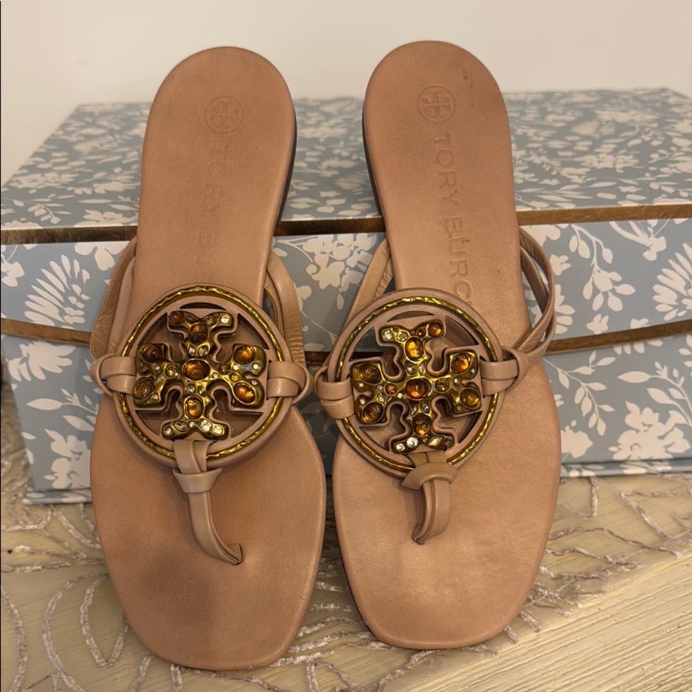 Tory Burch  MillerGold Tan Sandals with Medallion jewels - Picture 6 of 13